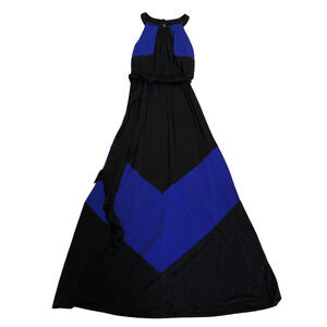 Vince Camuto Black/Blue Maxi Dress Size 4 Halter Neck Cinched Waist Belt‎